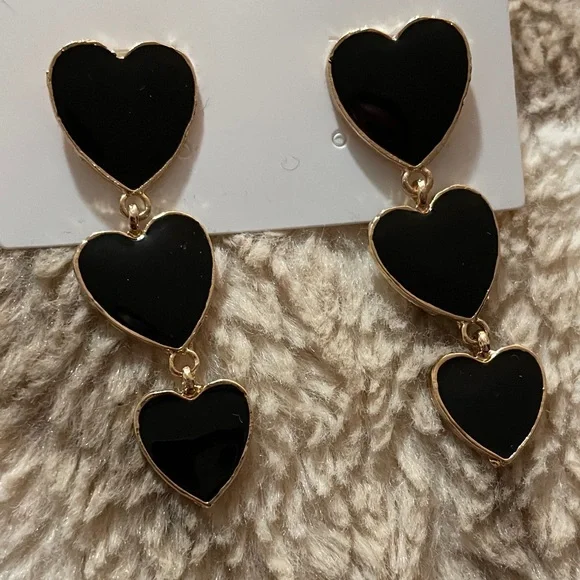 Ashley Cooper Black and Gold Triple Heart Earrings - Picture 3 of 5